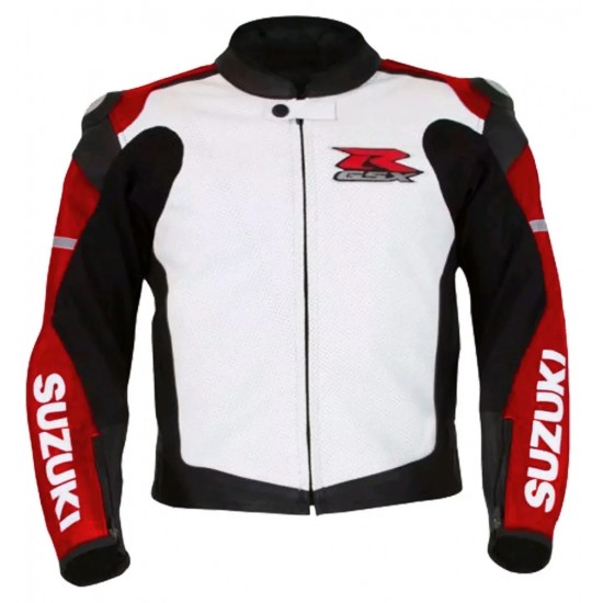 Custom Suzuki R GSX Motorbike Leather Racing Jacket White Red Black