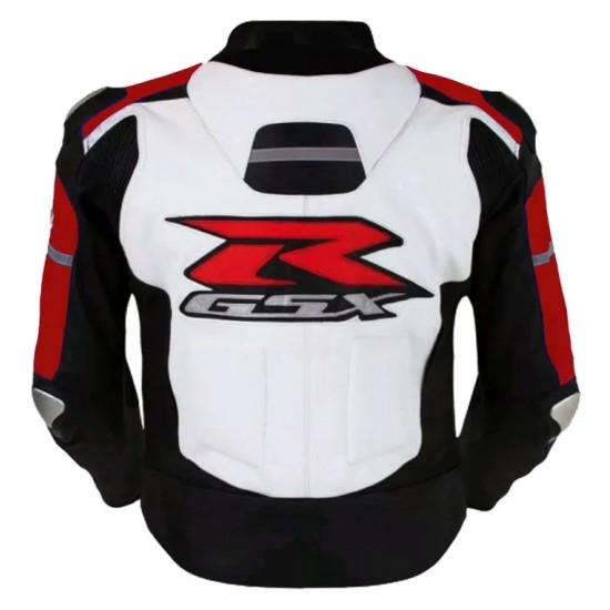 Custom Suzuki R GSX Motorbike Leather Racing Jacket White Red Black