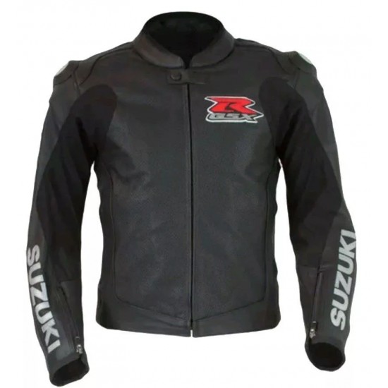 Custom Suzuki R GSX Motorcycle Leather Racing Jacket Black