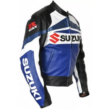 Custom Suzuki R GSX Motorcycle Leather Racing Jacket Blue White Black