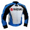 Custom Suzuki R GSX Motorcycle Leather Racing Jacket White Blue Black