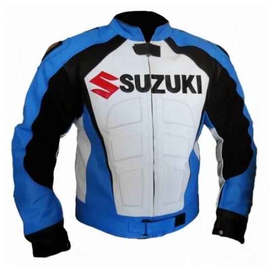 Custom Suzuki R GSX Motorcycle Leather Racing Jacket White Blue Black