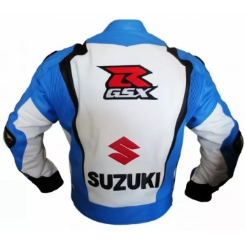 Custom Suzuki R GSX Motorcycle Leather Racing Jacket White Blue Black