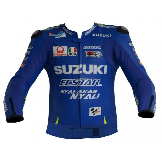 Custom Suzuki RR GSX Moto Gp Motorcycle Leather Racing Jacket Blue Yellow