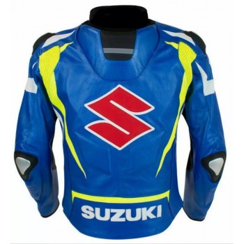 Suzuki Custom Motorcycle Leather Racing Jacket Blue Yellow White