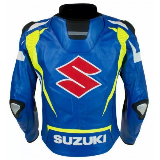 Suzuki Custom Motorcycle Leather Racing Jacket Blue Yellow White