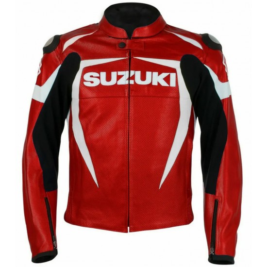 Suzuki Custom Motorcycle Leather Racing Jacket Red White Black