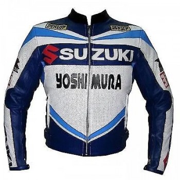 Suzuki Dunlop Custom Motorbike Leather Racing Jacket White Blue