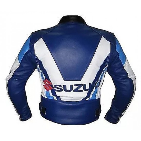 Suzuki Dunlop Custom Motorbike Leather Racing Jacket White Blue