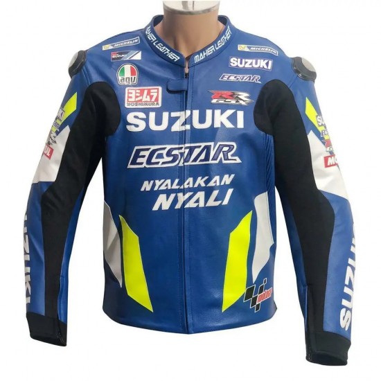 Suzuki ECSTAR Custom Motorbike Leather Racing Jacket Blue Yellow