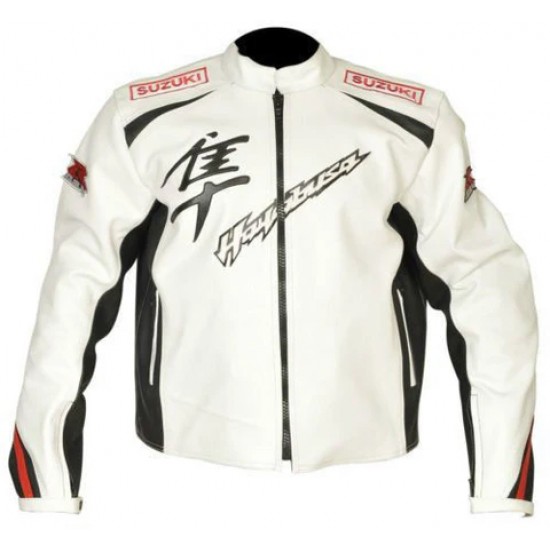 SUZUKI HAYABUSA MOTORCYCLE LEATHER RACING WHITE JACKET