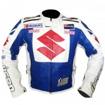 SUZUKI BLUE AND WHITE MOTORCYCLE LEATHER RACING JACKET