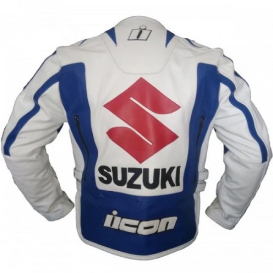 SUZUKI BLUE AND WHITE MOTORCYCLE LEATHER RACING JACKET