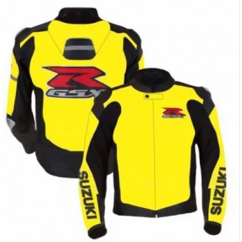 SUZUKI YELLOW AND BLACK GSXR MOTORCYCLE LEATHER RACE JACKET