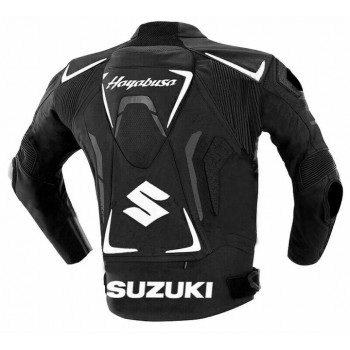 SUZUKI HAYABUSA MEN BLACK MOTORCYCLE LEATHER RED RACING JACKET