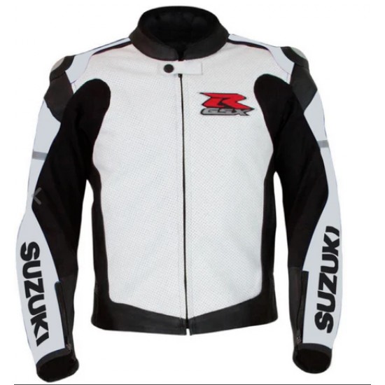 SUZUKI GSXR WHITE MOTORCYCLE LEATHER RACING JACKET