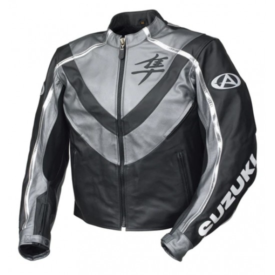 SUZUKI HAYABUSA GRAY MOTORCYCLE LEATHER RED RACING JACKET