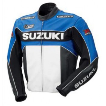 SUZUKI BLUE AND WHITE GSXR MOTORCYCLE LEATHER RACE JACKET