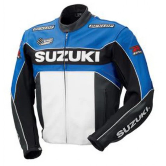 SUZUKI BLUE AND WHITE GSXR MOTORCYCLE LEATHER RACE JACKET