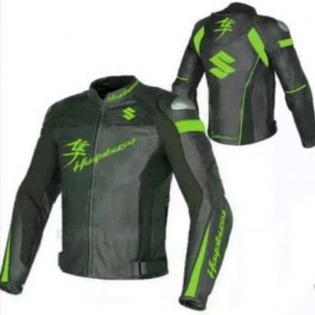 SUZUKI HAYABUSA MOTORCYCLE GREEN AND BLACK LEATHER RACING JACKET