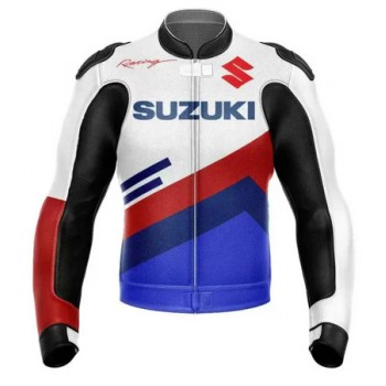 SUZUKI WHITE MOTORCYCLE LEATHER RACING JACKET