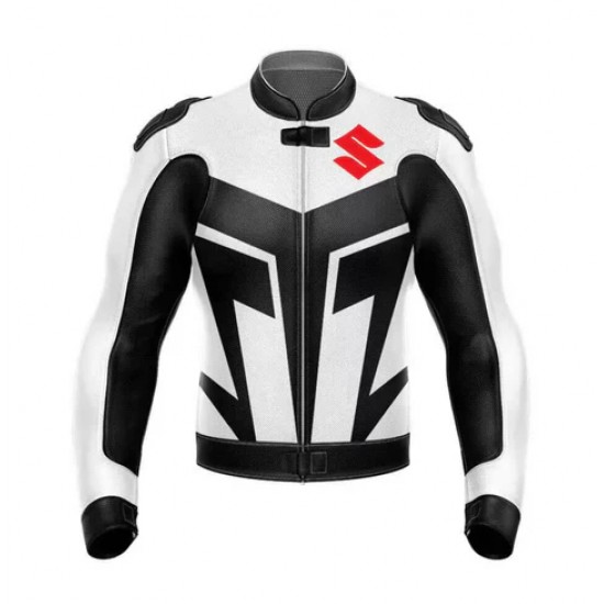 SUZUKI BLACK AND WHITE MEN LEATHER RACING JACKET