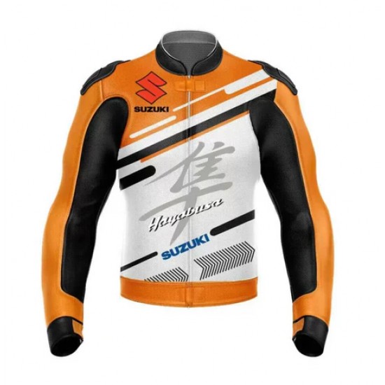 SUZUKI HAYABUSA ORANGE MOTORCYCLE LEATHER RACING JACKET