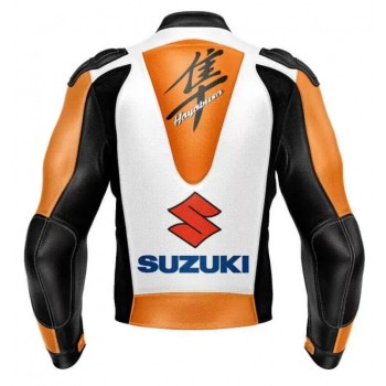 SUZUKI HAYABUSA ORANGE MOTORCYCLE LEATHER RACING JACKET