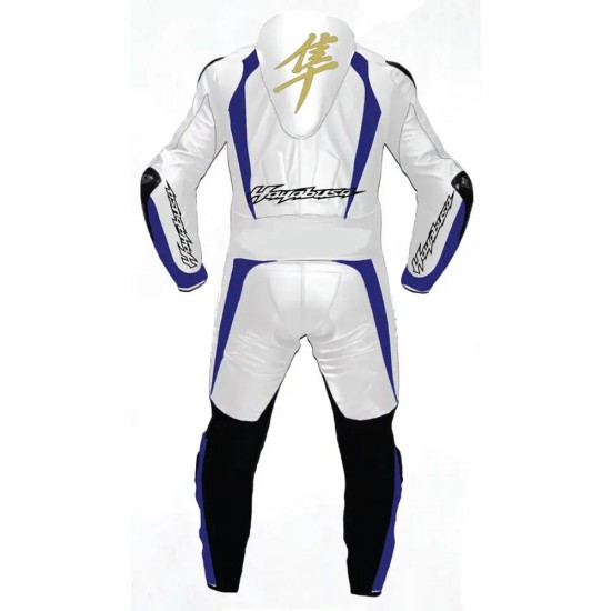 Custom Suzuki Hayabusa Motorcycle Leather Racing Suit White Blue Black