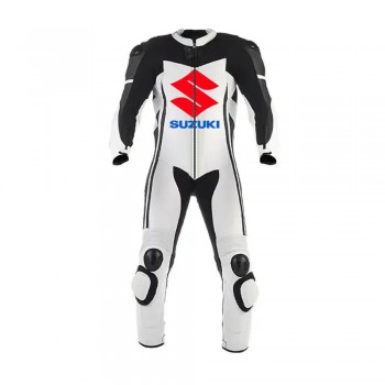 Custom Suzuki R GSX Motorbike Leather Racing Suit White Black