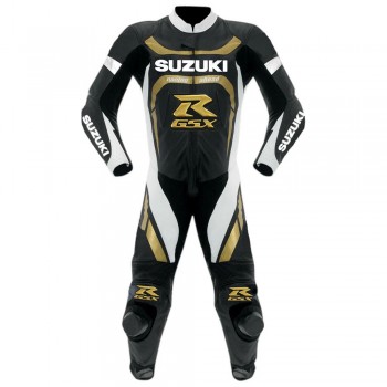 Custom Suzuki R GSX Motorcycle Leather Racing Suit Black Gold White