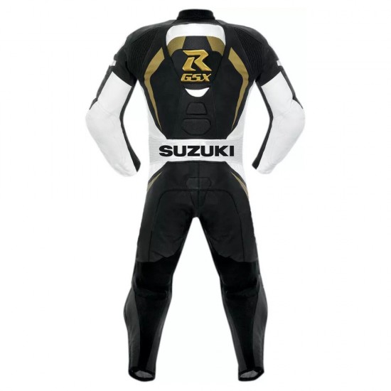 Custom Suzuki R GSX Motorcycle Leather Racing Suit Black Gold White