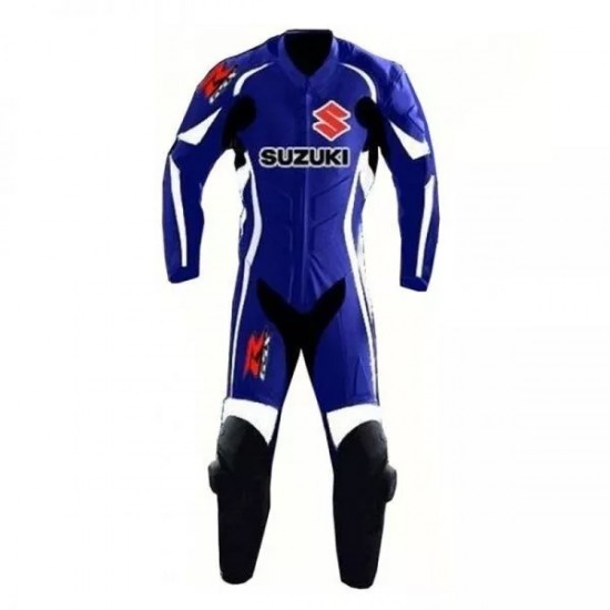 Custom Suzuki R GSX Motorcycle Leather Racing Suit Blue White Black