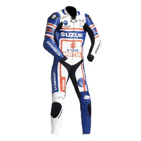 Custom Suzuki R GSX Motorcycle Leather Racing Suit White Blue Red