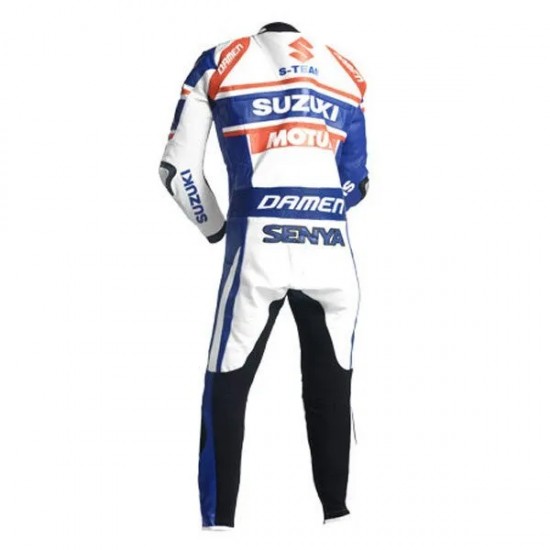 Custom Suzuki R GSX Motorcycle Leather Racing Suit White Blue Red