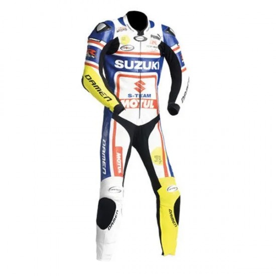 Custom Suzuki R GSX Motorcycle Leather Racing Suit White Blue Red Yellow