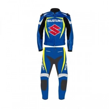 Suzuki Custom Motorcycle Leather Racing Suit Blue Yellow Black