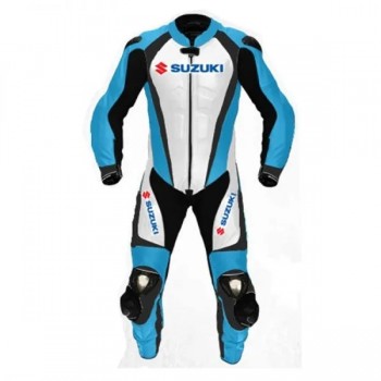 Suzuki Custom Motorcycle Leather Racing Suit Sky Blue White Black