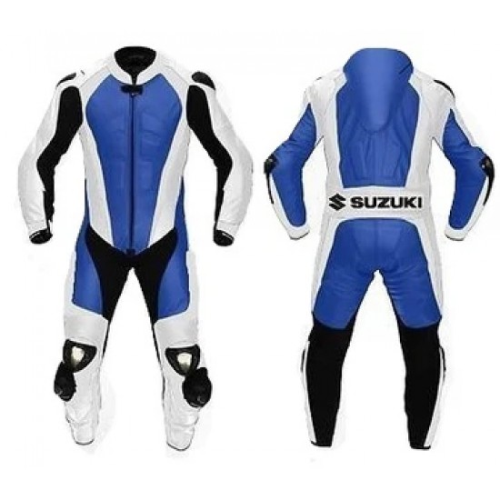 SUZUKI MEN BLUE/WHITE MOTORCYCLE LEATHER RACING SUIT