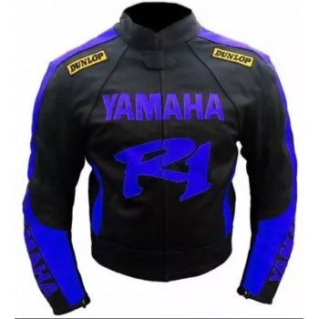 Custom Yamaha R1 Dunlop Motorbike Leather Racing Jacket Black Blue