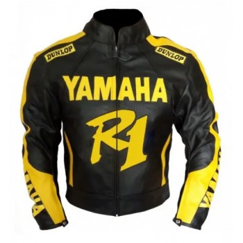 Custom Yamaha R1 Dunlop Motorcycle Leather Racing Jacket Black Yellow