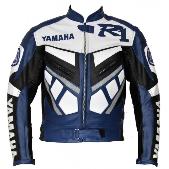 Custom Yamaha R1 Motorbike Leather Racing Jacket Blue White Black