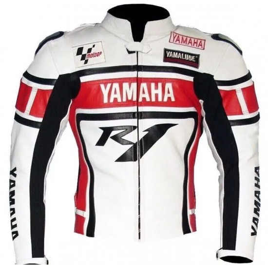 Yamaha Moto Gp R1 Motorcycle Custom Leather Racing Jacket White Red Black