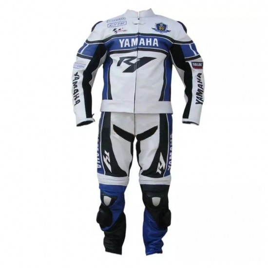 Yamaha R1 Custom Motorcycle Leather Racing Suit White Blue Black