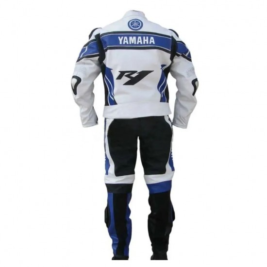 Yamaha R1 Custom Motorcycle Leather Racing Suit White Blue Black