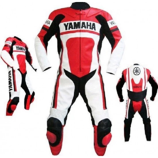 YAMAHA MOTORCYCLE RED AND WHITE LEATHER RACING SUIT