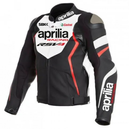 Aprilia Racing RS V4 SBK Custom Motorcycle Leather Jacket Black White Red