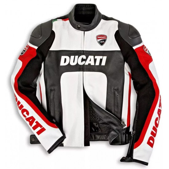 Custom Ducati Motorbike Leather Racing Jacket White Black Red