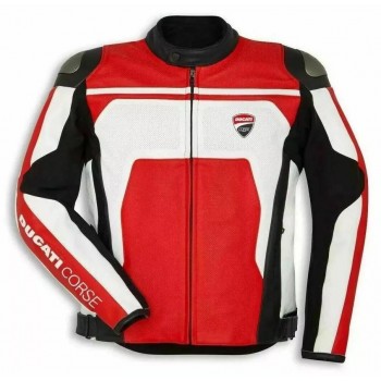 Ducati Corse Motorcycle Simple Leather Racing Jacket Red White Black