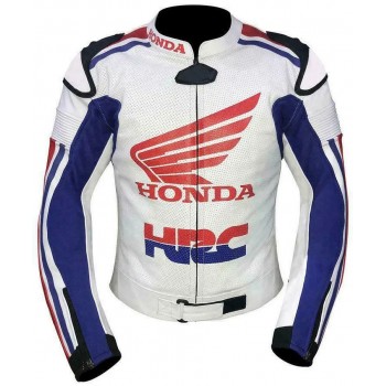 Custom Honda HRC Motorcycle Leather Racing Jacket White Blue